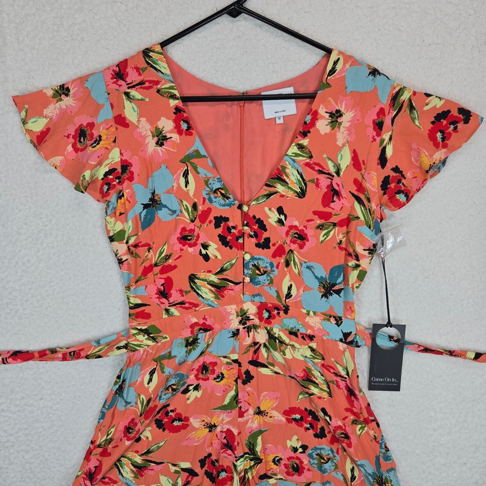 NWT‎ Privacy Please Floral Romper Women M Coral  Flutter Sleeve V-Neck Revolve - Picture 3 of 15